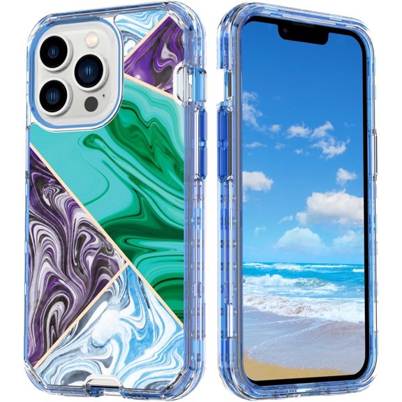 Case for iPhone 13 Pro,Plating Marble Military Grade Rugged Heavy Duty Full Body 3 in 1 TPU PC Portection Shockproof Protective Phone Case for iPhone 13 Pro,6.1 inch 2021 (Grid Green)