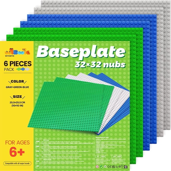 6PCS Classic Base plates,10''x10'' Building Board BasePlate,Compatible with All Major Brands,Green Blue Grey (S003)