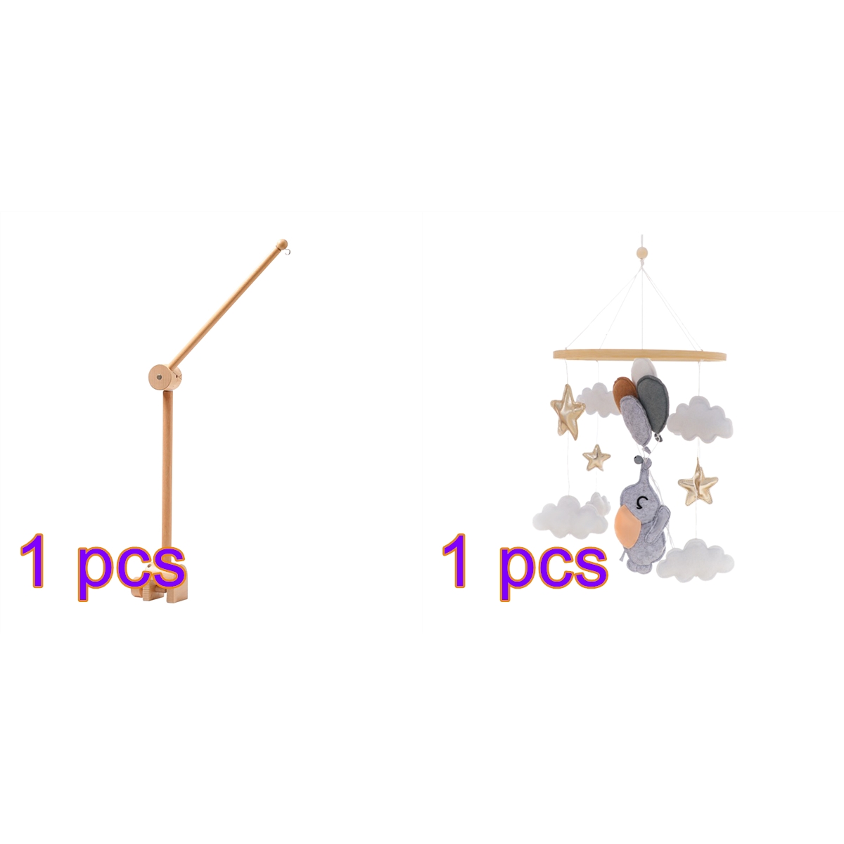 Baby Crib Bell Mobile – Rotating Wooden Wind Chime with Star, Animal & Cloud Pendants – Soothing Hanging Toy for Newborn Sleep & Nursery Decor (Elephant)