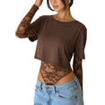 thumbnail image 1 of Justaucorps Court en Dentelle Patchwork pour Femme à Manches Longues, Col Ras du Cou, en Maille Transparente, T-Shirts Courts pour Sorties et Fêtes, Brun, M, 1 of 9