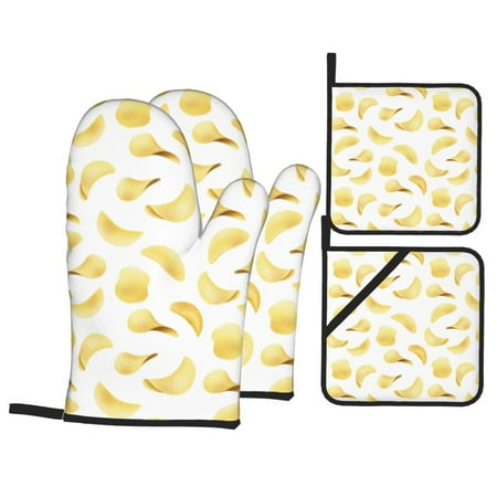 

Oven Mitts and Pot Holders Sets 4 pcs - potato chips Heat Resistant Silicone Oven Gloves with Non-Slip Silicone Surface and hot pads for kitchen Baking Cooking BBQ