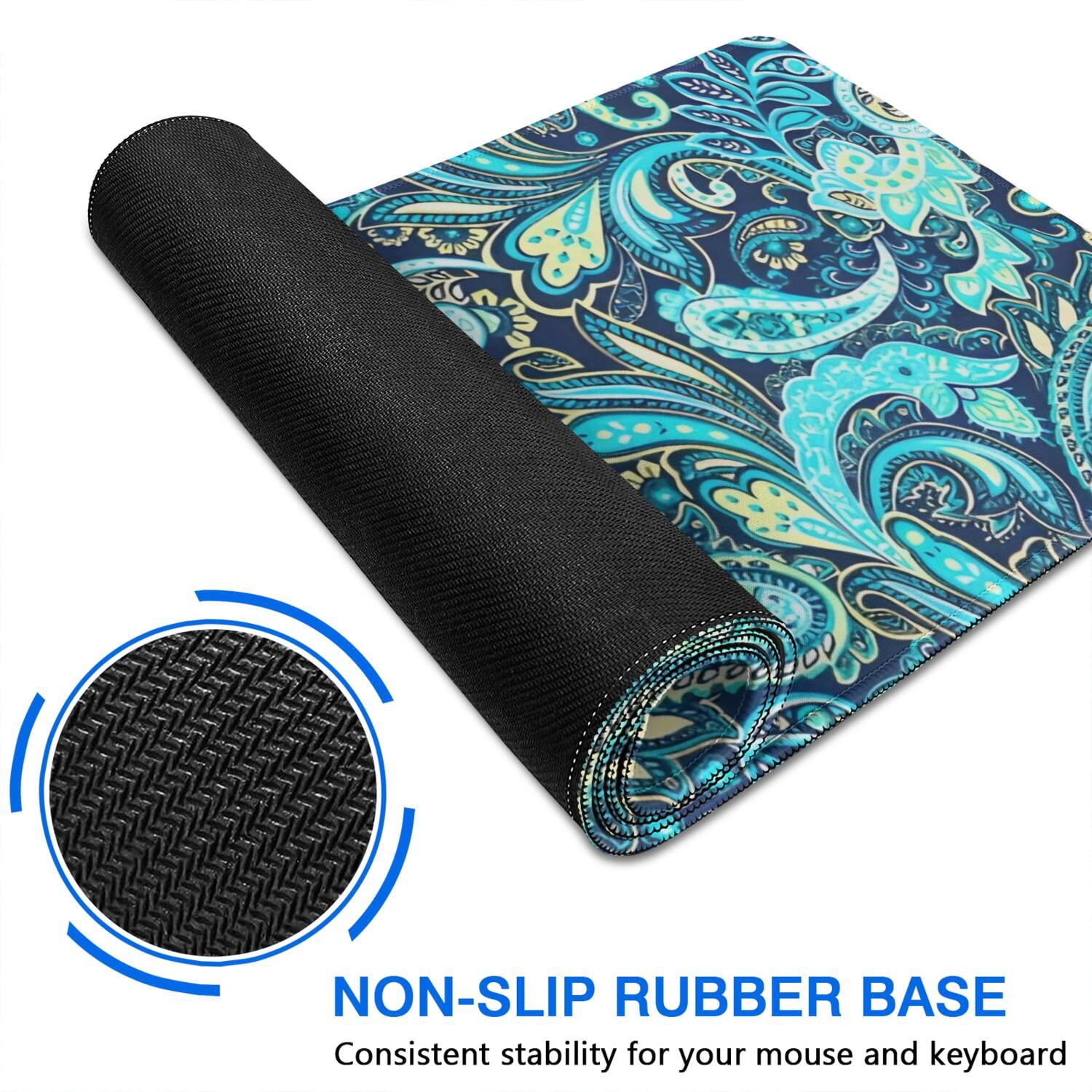 Long Mouse Pads for Desk,Blue Paisley and Floral Pattern Desk Mats on Top Of Desks, Desk Mouse Pad Extra Large with 3mm Non-Slip Base and Stitched Edge for Gaming,Office,Work,Home 31.5"x15.7"