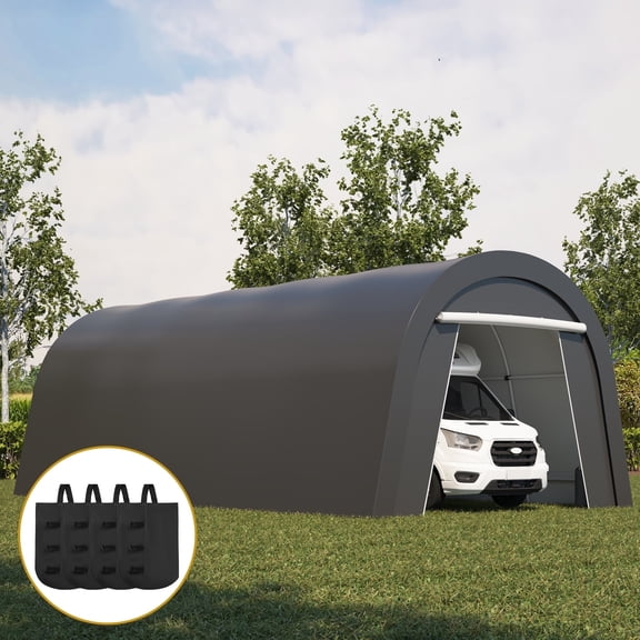 Heynemo 12' x 25' Portable Metal Carport with 4 Bags, Weatherproof PE Cover, Outdoor Car Canopy Tent with 2 Roll-up Doors, Outside Dome Storage Shelter Shed for Cars, Truck, Garden Tools