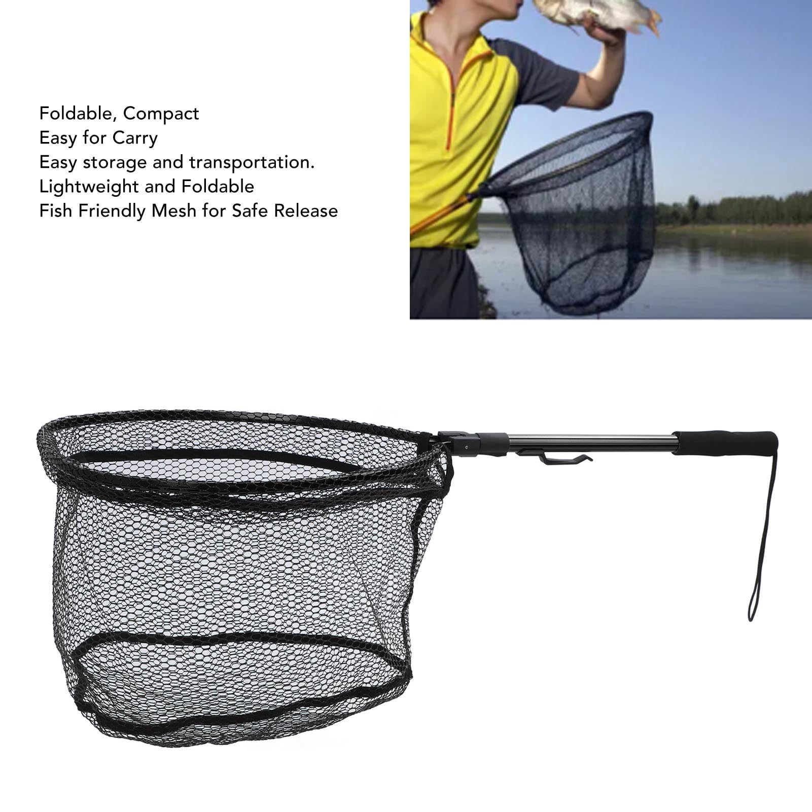 Rupoun Premium Aluminum Alloy Floating Fishing Net Fish Landing Net with Rubber Mesh Safe Catch Release Compact Foldable Portable Net 18.1 inches / 46 cm Black Edition