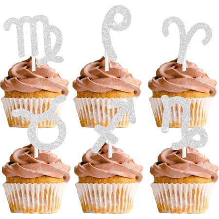 Silver Glitter Zodiac Sign Cupcake Toppers, Astrology Theme Party Decorations, 12 Count