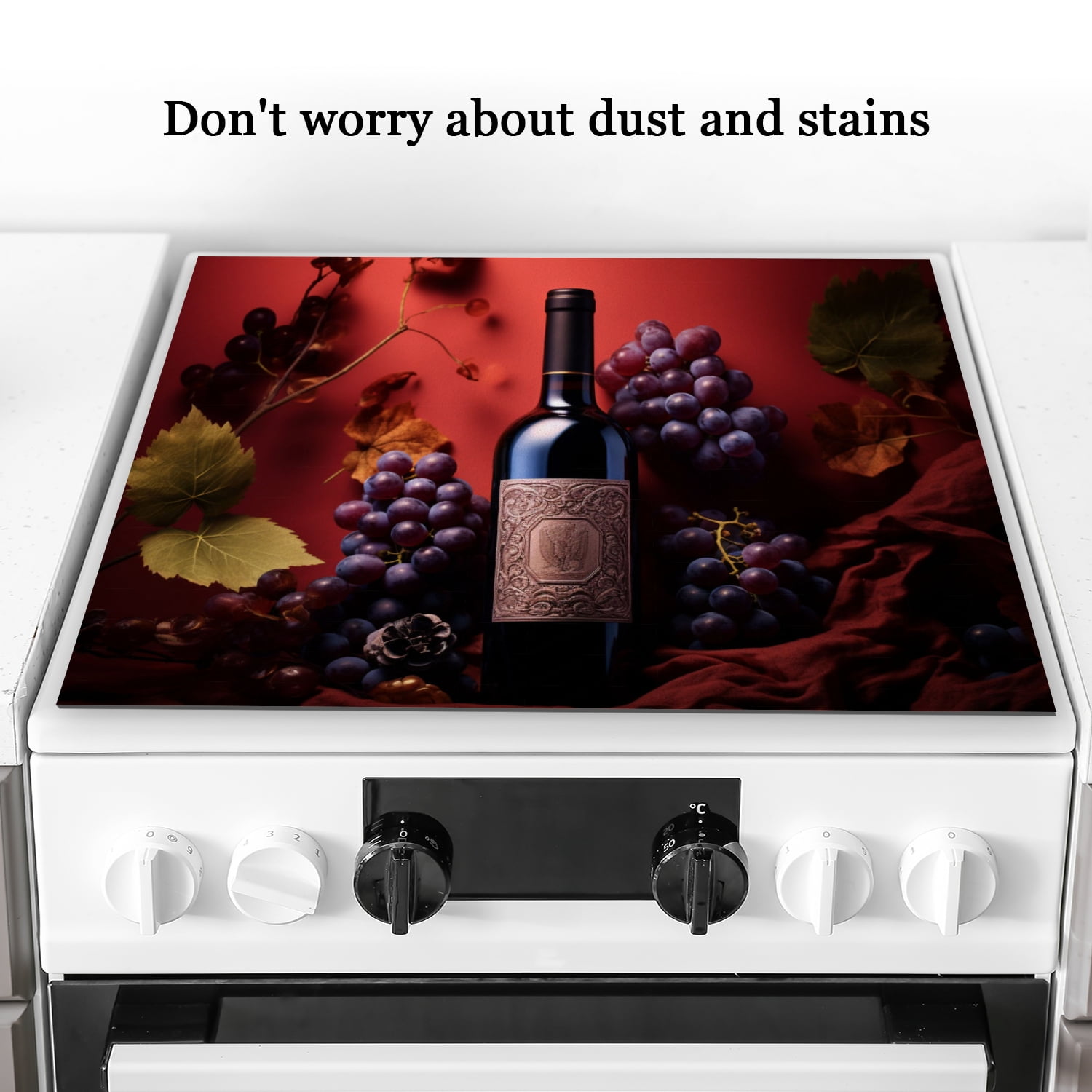 Stove Top Covers for Electric Stove, Red Wine And Grapes Print Glass Stovetop Cover, Square Glass Countertop Protector Mat for Kitchen RV (28×20 Inch)