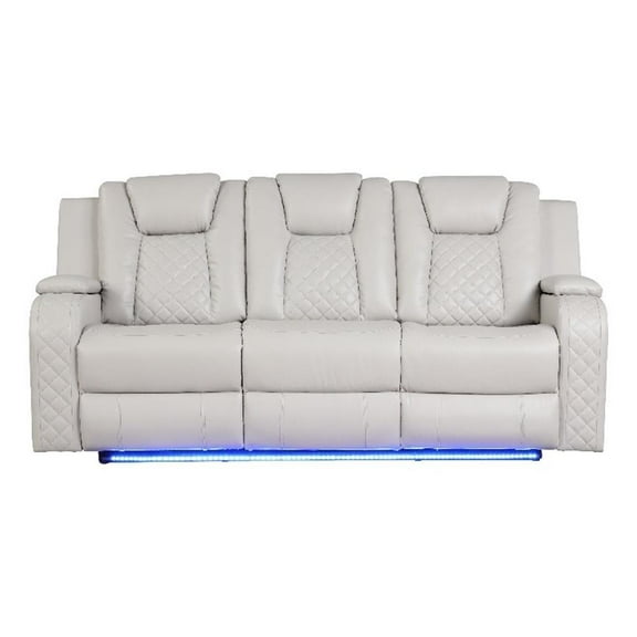Pemberly Row LED & Power Reclining Sofa Made With Faux Leather in Ice/White