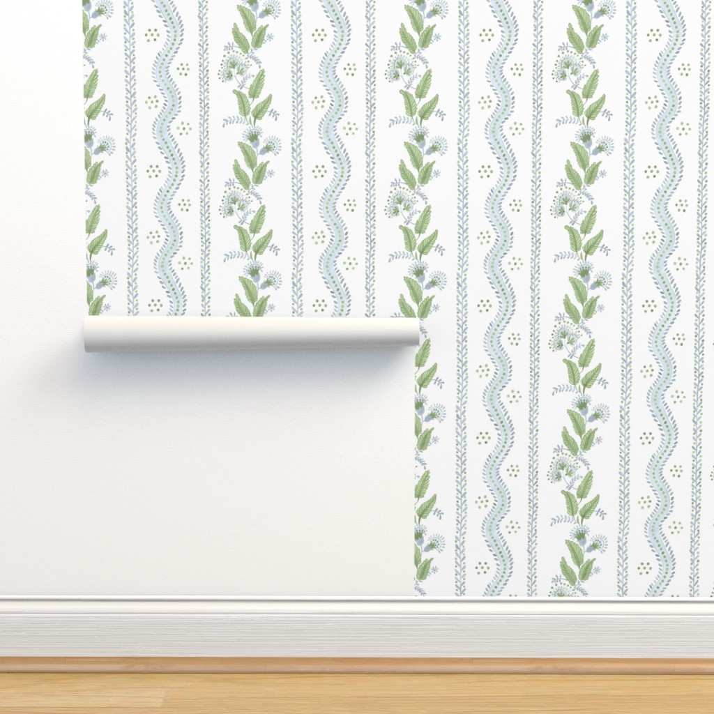 Removable Wallpaper Swatch Soft Blue Greens White Stripe Green Floral Dots Traditional Custom