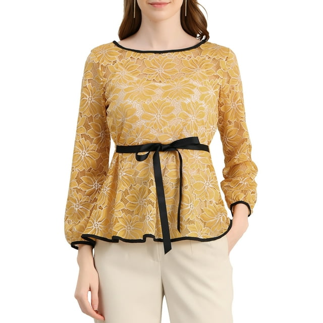 BLUSA DE PEPLUM DE ENCAGE PARA MUJERES INSPIRADA EN CHIC CON MANGAS DE FLOR Y CINTURA AJUSTABLE TAMAÑO S AMARILLO