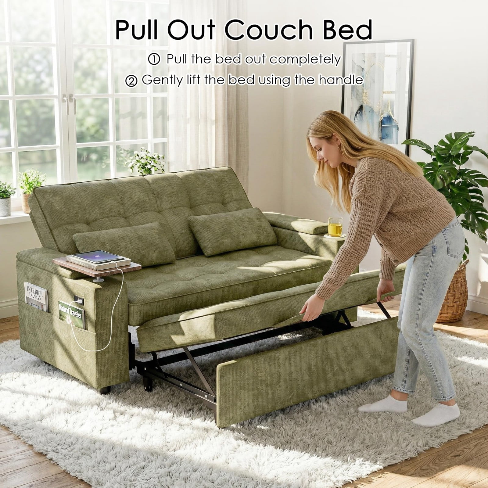 65" Sleeper Sofa Bed, 3 in 1 Convertible Pull Out Couch with Chenille Fabric, USB Ports, Storage Arms, Adjustable Backrest for Apartment Living Room, Green