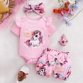 thumbnail image 2 of CAUYDY Little Kid Baby Girl Summer Short Sleeve Romper & Graphic Elastic Shorts & Headband 3Pcs Outfit Set for Newborn Toddler Girls 3-24Months (Sizes 12-18 Months,P5-Pink), 2 of 9