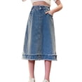 thumbnail image 2 of DAETIROS Girls Denim Midi Skirt with Pockets - Elastic Waist A-Line Jean Skirt for Kids Age 6-16, Casual Blue Raw Hem,Size 6-7T, 2 of 9