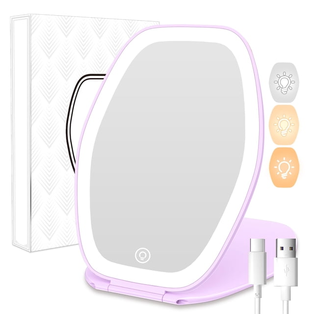Espejo de maquillaje COSYGLOW Travel con luz LED de 3 colores, morado