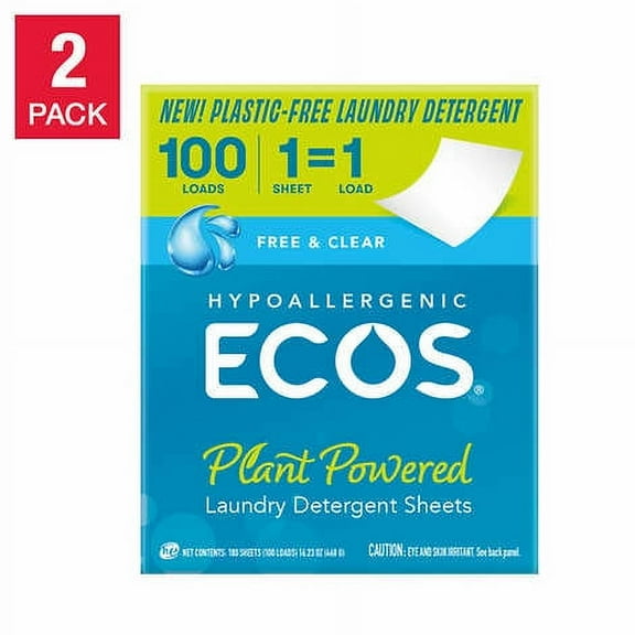 ECOS HE Laundry Detergent Sheets, Free & Clear, 100 Loads, 100 Sheets, 2-count