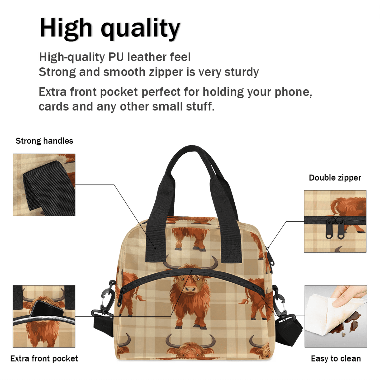 Herdesigns Western Bull Insulated Lunch Bag for Women Men Adult, Reusable Insulated Cooler Lunch Box Lunch Tote Bag for Work Picnic Beach