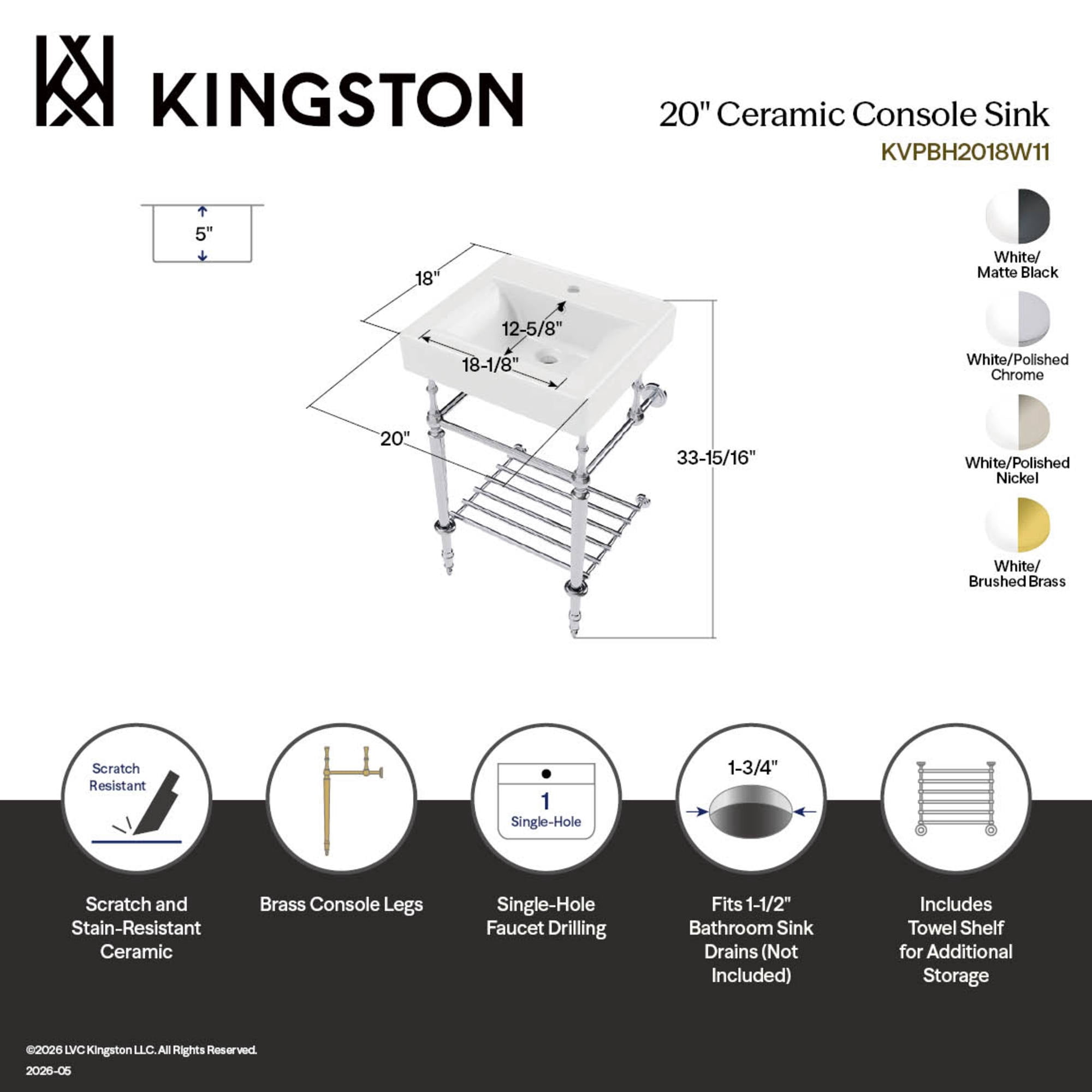 Kingston Brass KVPBH2018W11 Edwardian 20-Inch Ceramic Console Sink with Brass Legs and Shelf (1-Hole) in White/Polished Chrome
