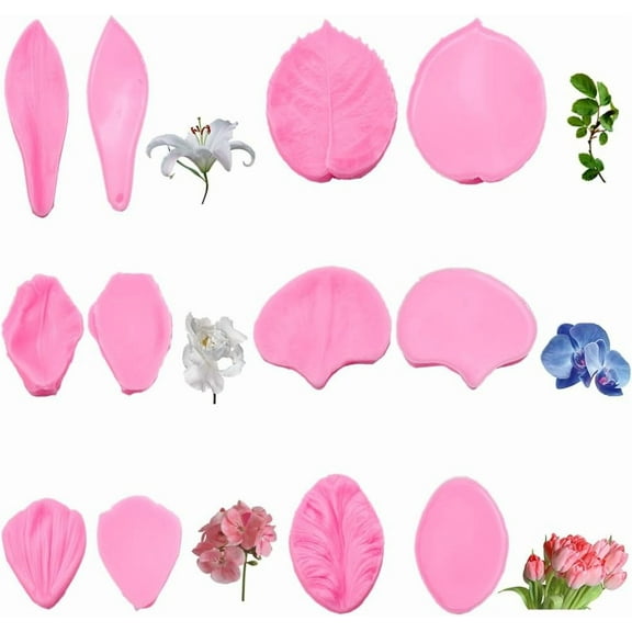 1 Box 12Pcs 6 Styles Flower Petal Molds Floral Silicone Molds Pink Rose Veining Petals Leaf Candy Sugar Cake Chocolate Press Fondant Tool for Decorating Cookie Gumpaste DIY Craft Accessories