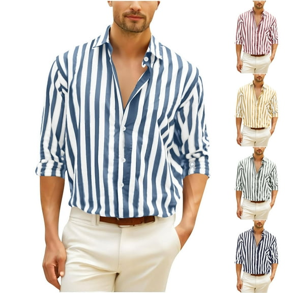 YOIAVAIOY Mens Cotton Linen Button Down Shirts Trendy Striped Long Sleeve Shirt Loose Comfy Beach Vacation Blouses