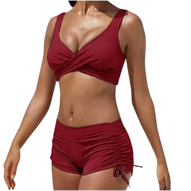 FcBaudy Womens Swimsuits Two Piece Swimsuit for Women Bathing Suit for Women Women Bikini Solid Strappy Back Set Two Piece Swimsuits Plus Size Bathing Suits Tankinis Swimwear Women Swimsuit