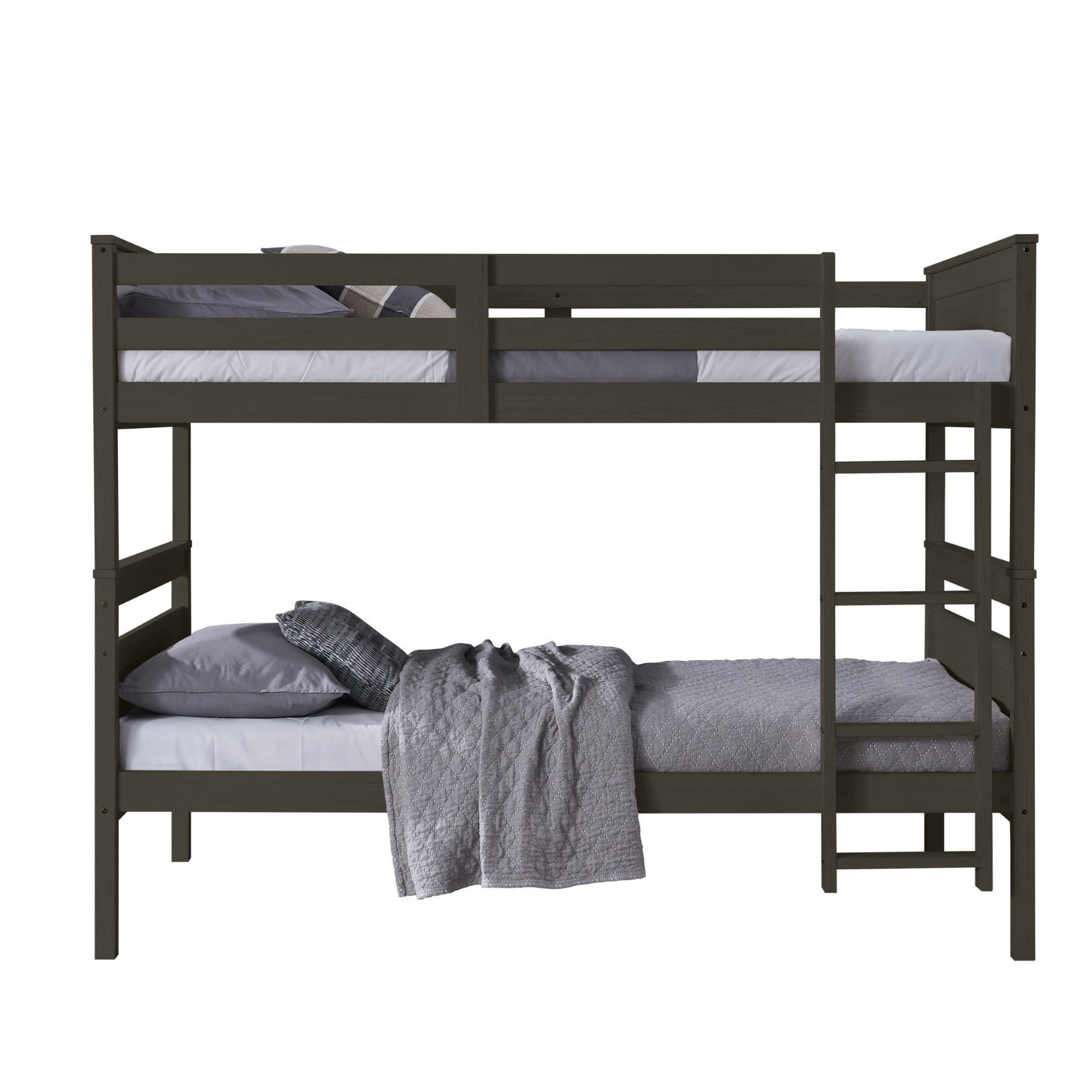 Home Design Exeter Twin Over Twin Solid Wood Bunk Bed Frame with Guardrails and Ladder, Dark Gray, Easy Assembly