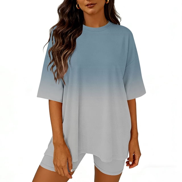 TaTaai Womens Solid Color Short Sleeve Tracksuit Round Neck Tops Elastic Waist Shorts Set Lightweight Quick Dry 2 Piece Outfit For Daily Sports Workout Running Gift