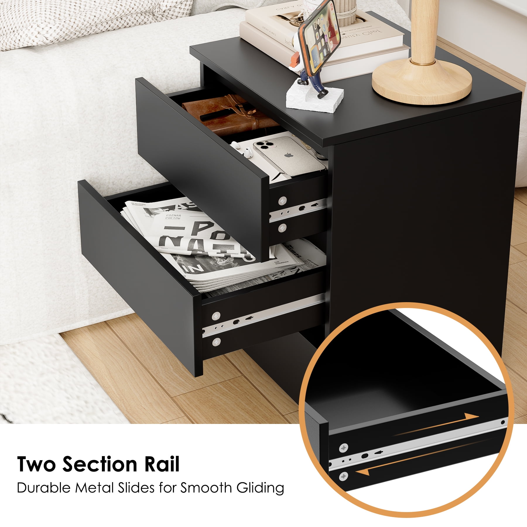 Homfa 3 Drawers Nightstand, Small Sofa Table, Wooden Storage Cabinet for Living Room, Black Finish