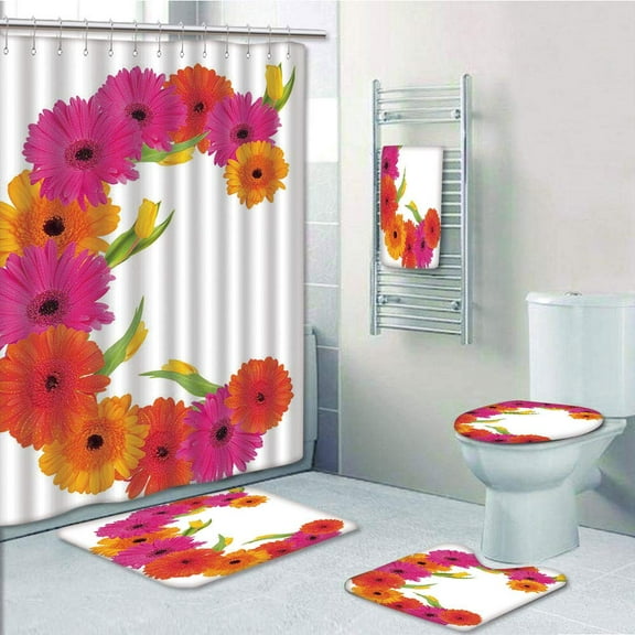 PRTAU Letter C Vivid Floral Bouquet Blossom Season Inspired Florets with Tulip Flower 5 Piece Bathroom Set Shower Curtain Bath Towel Bath Rug Contour Mat and Toilet Lid Cover