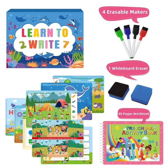 40 Pages Preschool Learning Workbook, Montessori Educational Toys for Toddlers 3-6 Year Olds, Autism Handwriting Practice Learn to Write Dry Erase Marker Set Kindergarten Busy Books