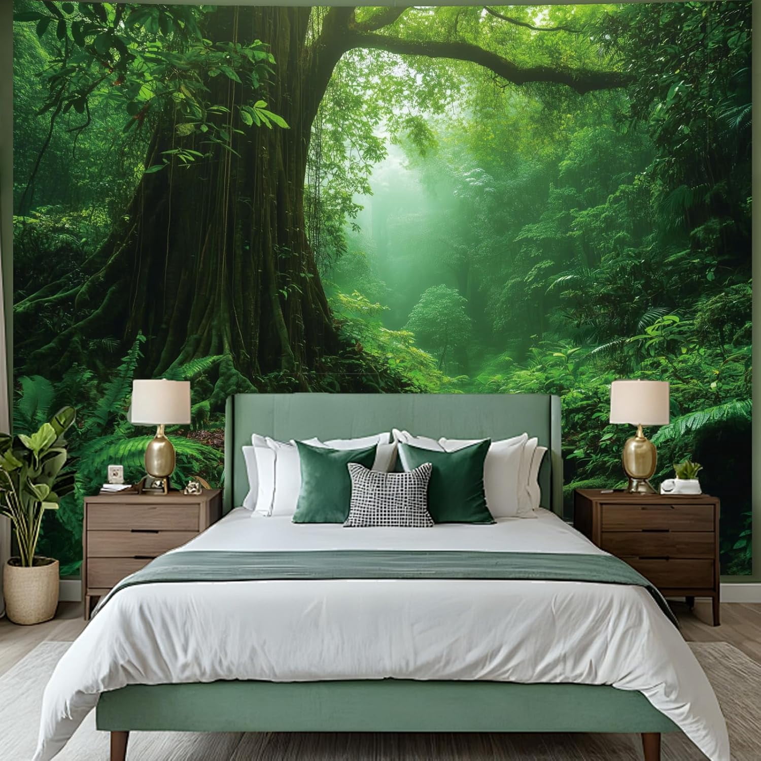 Forest Nature Green Tapestry for Bedroom Decor, Misty Landscape Large Tree Tapestries Wall Mural Hanging, Fantasy Scenic Big Tree Rivers Backdrop