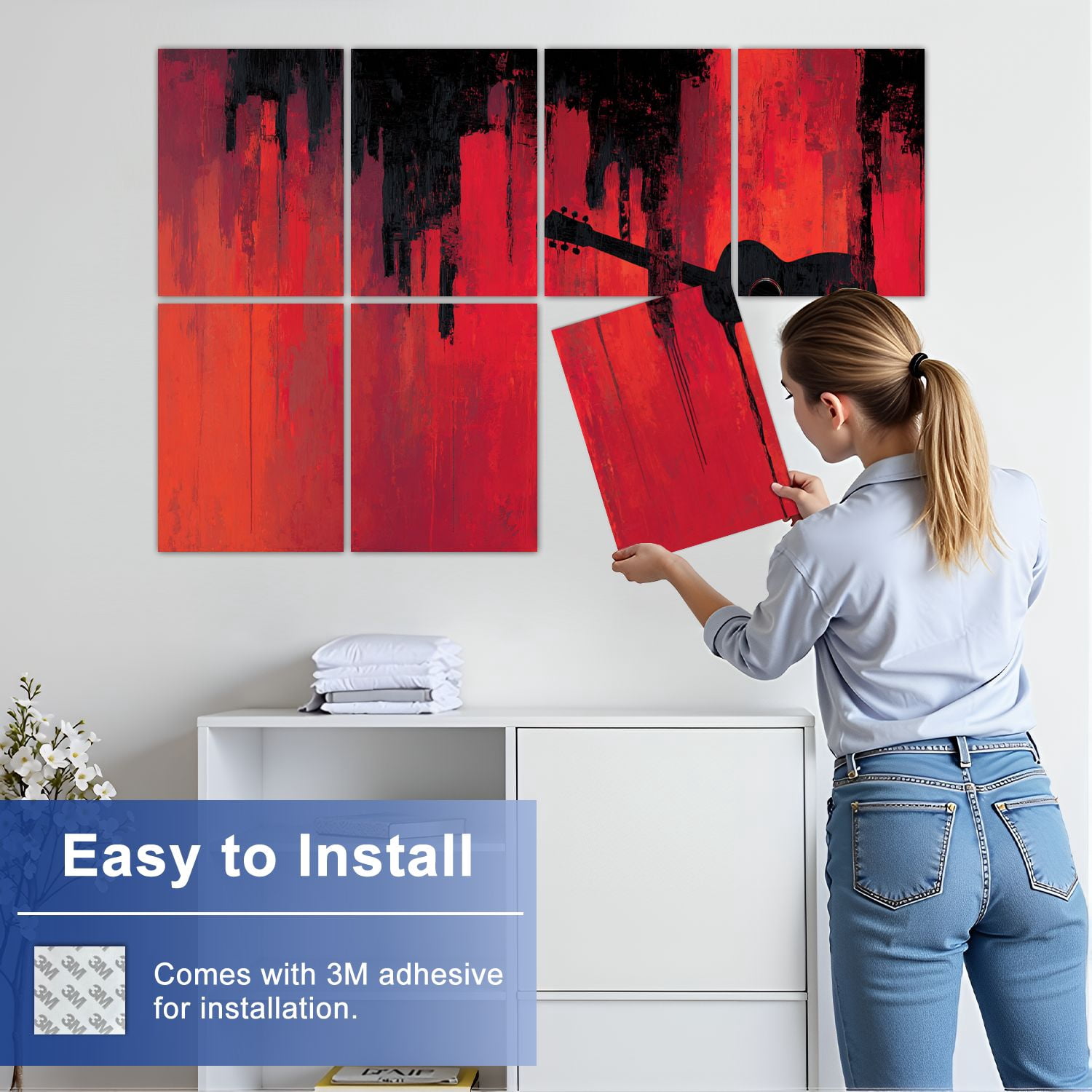 8 Pack Art Acoustic Panels Sound Absorbing Rust Guitar Music Sports Games Acoustic Guitar Silhouette Dripping Decorative Soundproof Wall Panels Self Adhesive for Nursery Game Room Bedroom 48"x32"