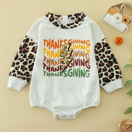 

Babys Girl Boys Long Sleeve Autumn Thanksgiivng Leopard Letter Cotton Romper Bodysuit CLothes