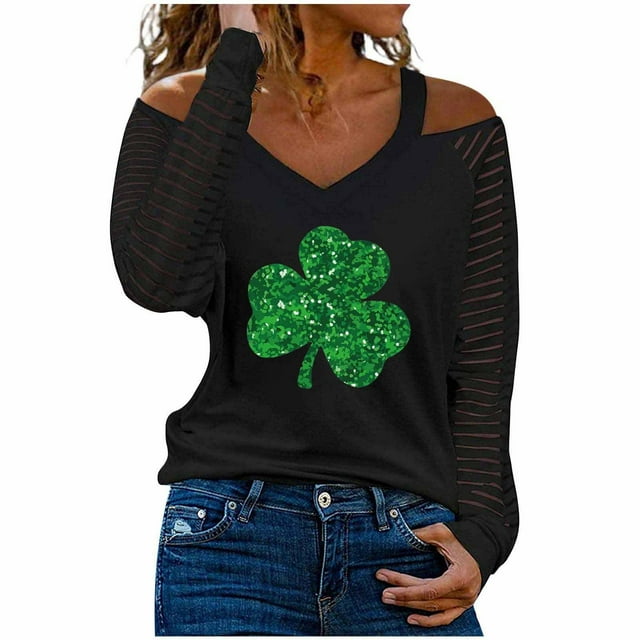 Funicet T-Shirts à Manches Longues pour Femmes, Mode Femme Col en V T-Shirt à Manches Longues Imprimé Épaule Dénudée Blouse Ample, Manches Longues pour Femmes