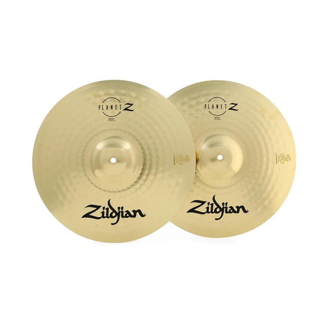 zildjian par de platillos de banda planet z 14” zp14bpr Par de platillos de banda dorados de 14" en vista frontal, acabado brillante con superficie martillada y logos Zildjian visibles; sonido cortante apropiado para intérpretes jóvenes y programas escolares, perforación central para correas incluidas, uso interior y exterior; también suelen usarse como platillos de práctica para ensambles escolares.
