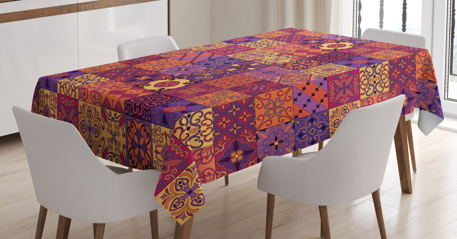 Spanish Tablecloth, Ethnic Azulejo Moroccan Tiles in Vibrant Historical
