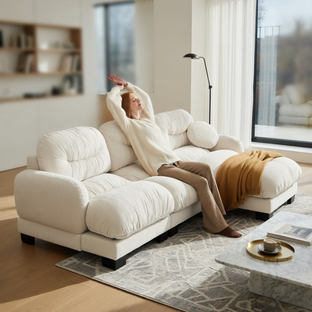 Hommoo Chenille U-Shaped Modular Sectional Sofa with Ergonomic Foam, 4-Seat Pleated Design + 2 Ottomans & 2 Round Throw Pillows, Beige