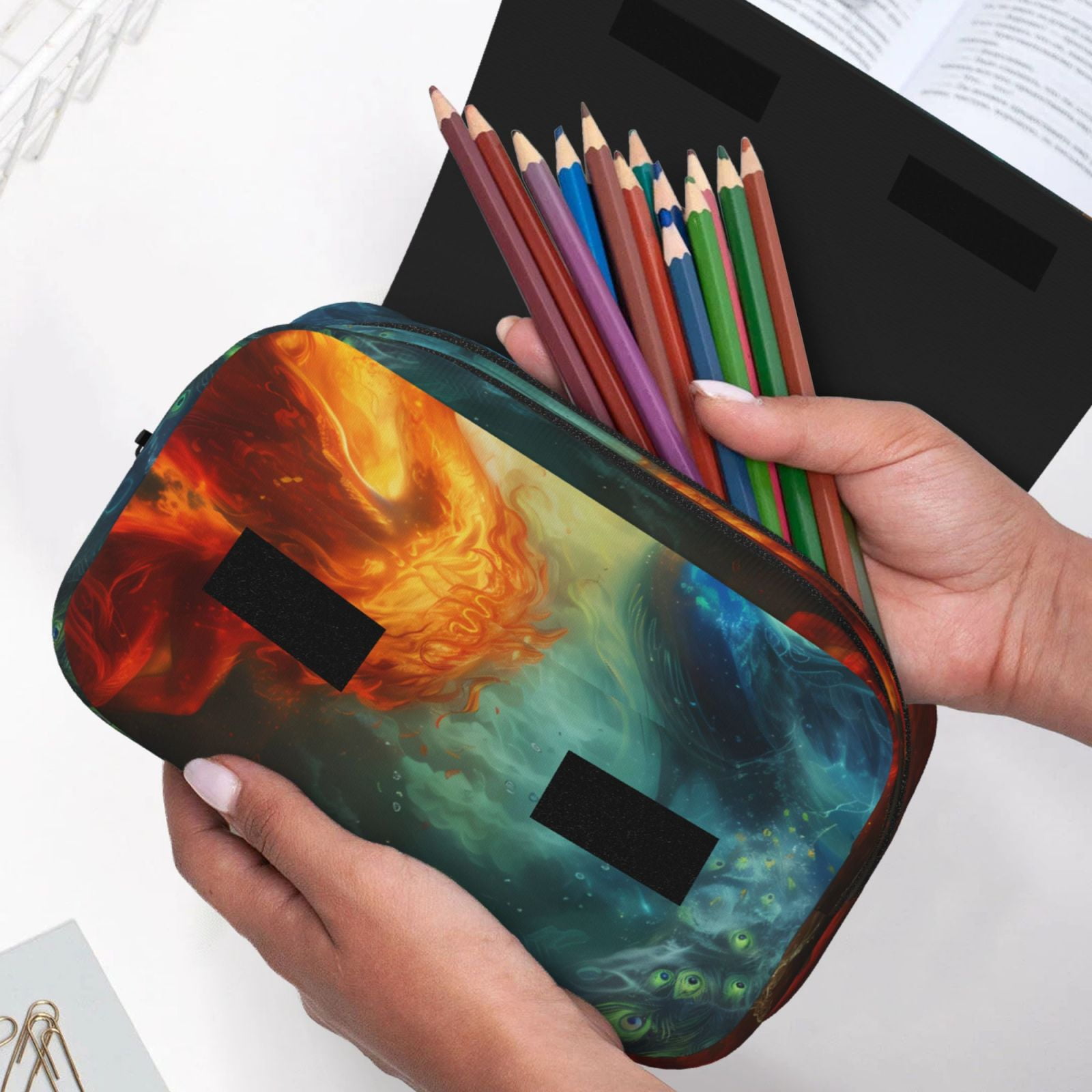 Rateoe Red And Blue Fire Peacock Pattern Double Clamshell Pen Case, Storage Organizer with Two Zipper Compartments– Holds Up to 50 Pencils & Pens