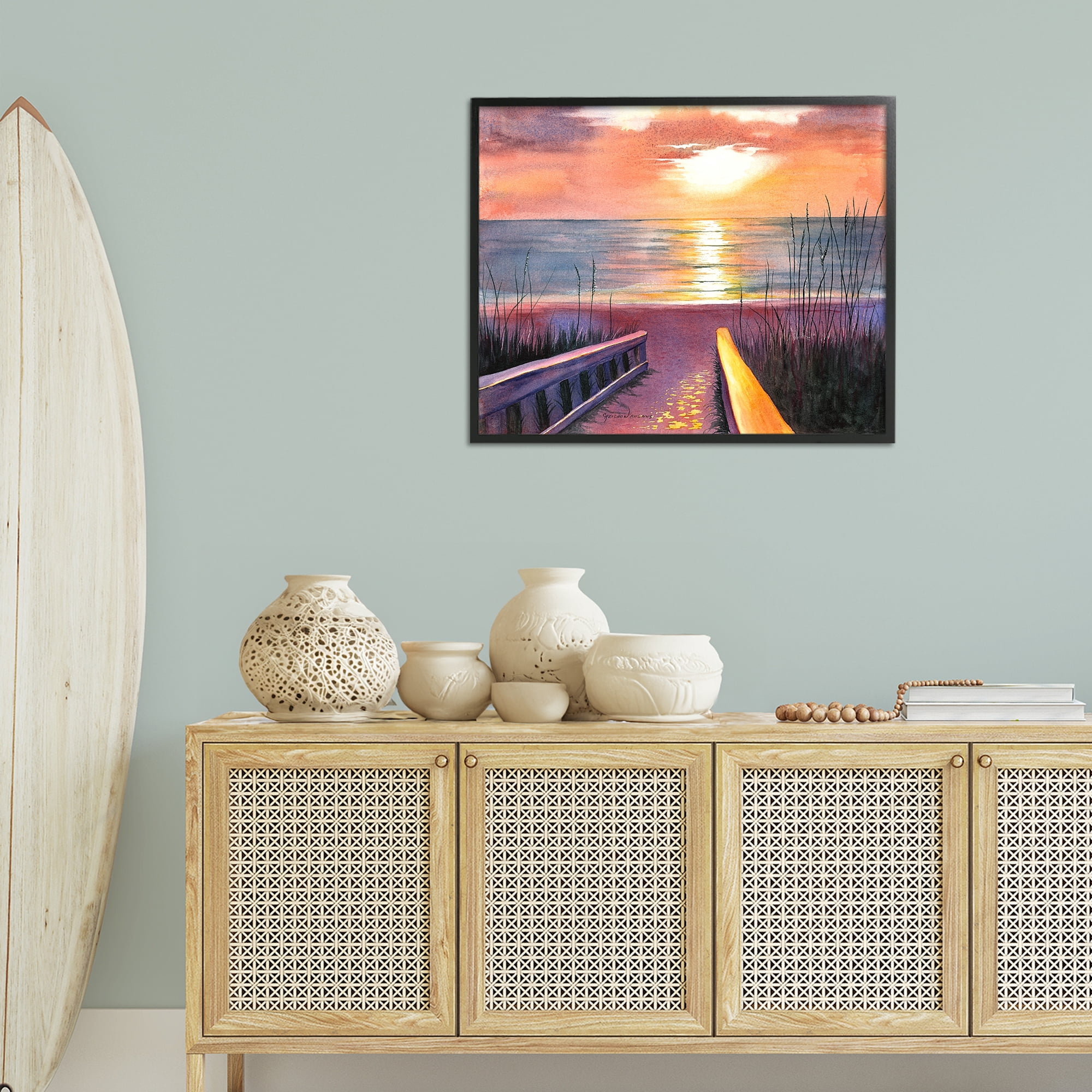 Stupell Industries Sea Sunset Reflection Landscape Painting Black Framed Art Print Wall Art, 30 x 24