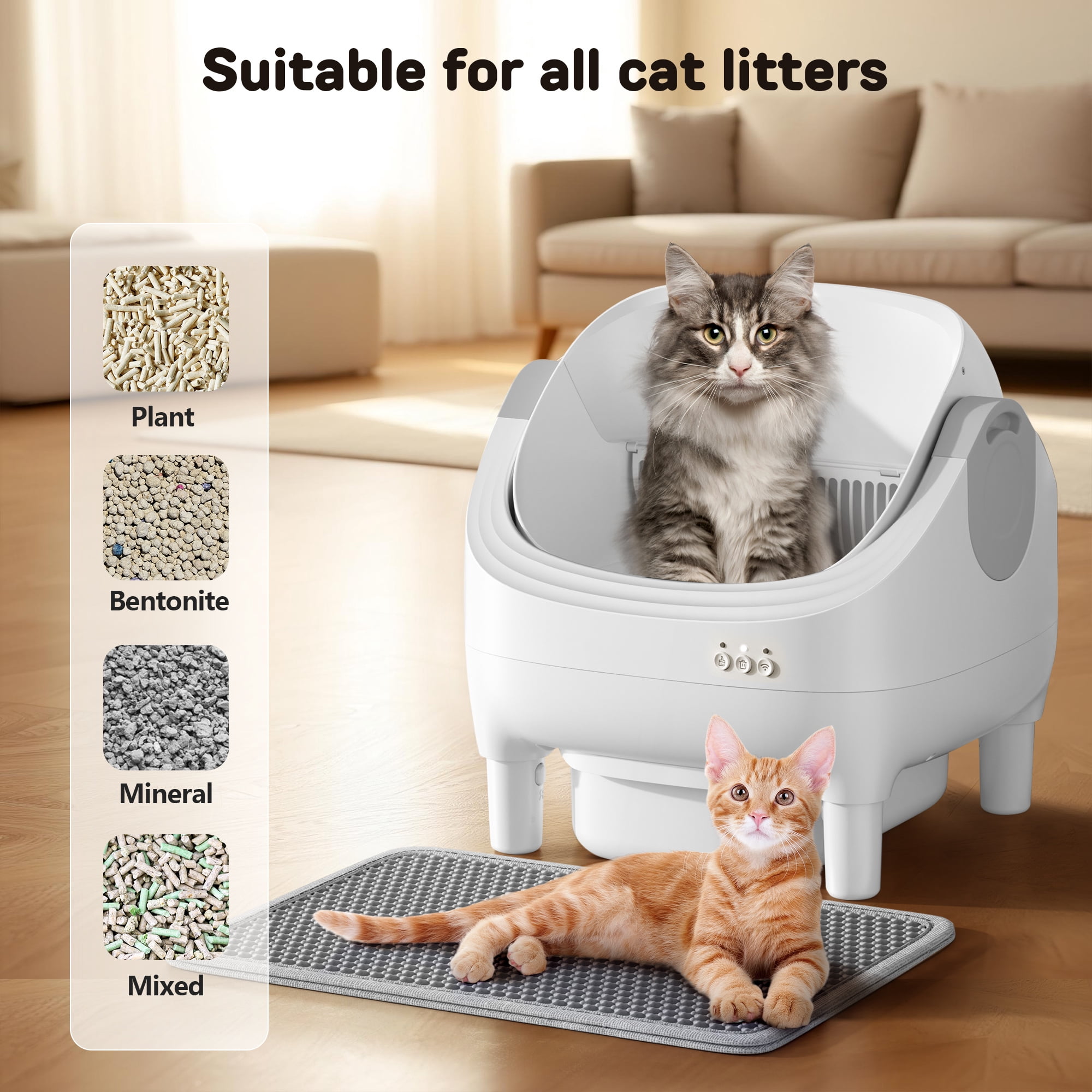 Osoeri Self Cleaning Cat Litter Box, Automatic Litter Box Self Cleaning ,Open Top Large Litter Box for Multiple Cats,with Safety Protection, APP Control,Odor Removal,Mat and Waste Bags Included, Gray