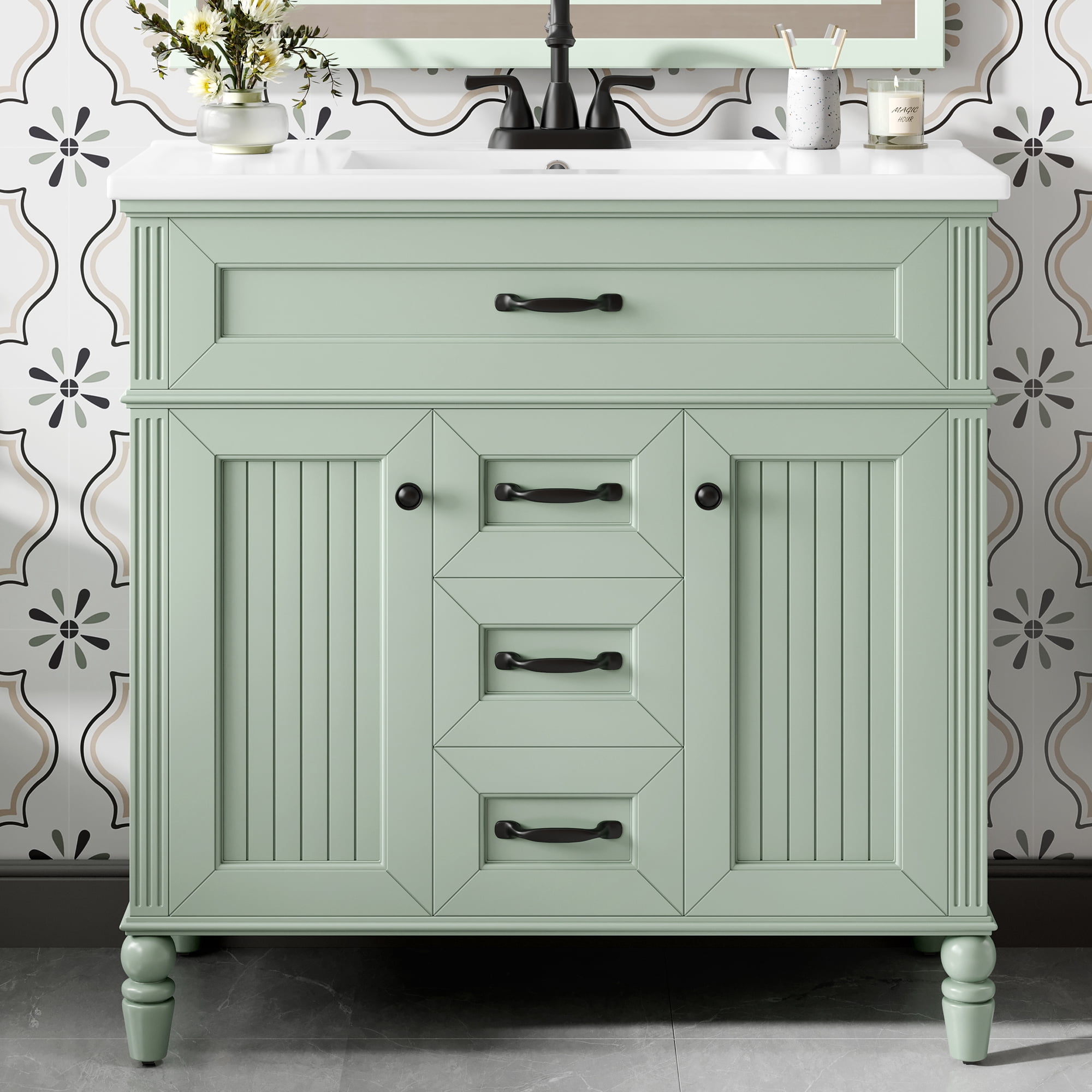 Euroco 36 Inch Bathroom Vanity with Sink Combo, Green Freestanding Cabinet with Ceramic Basin, MDF + Solid Wood Frame, Flip-Out Top Drawer, Soft Close Doors, 2 Storage Drawers, Black Handles
