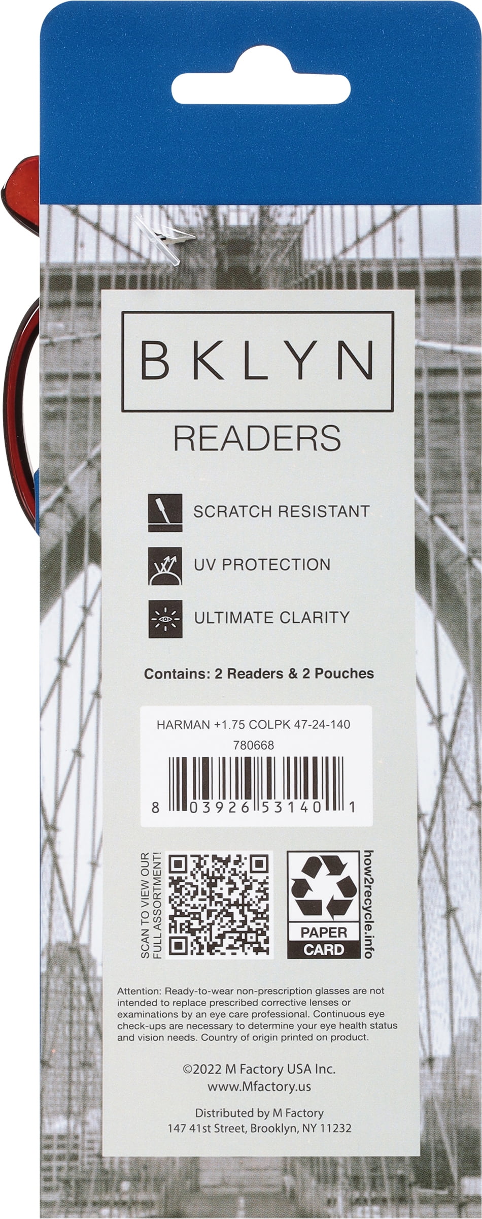 Bklyn, Harman +1.75, Adult, Unisex, Plastic Reading Glasses & Pouches Value Pack , 2 Ea