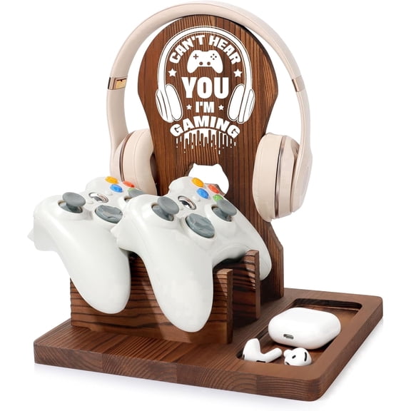 Wooden Headphone Stand Modern Gaming Headphone Stand Vertical Wooden Holder Desk Space Saving Secure Valentine Gamer Gifts for Teen Boy, Gamer Accessories Stuff
