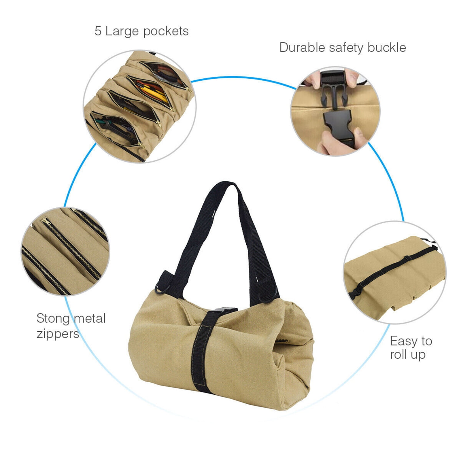 Sac à Outils En Toile Enroulable Avec 5 Poches Zippées, Sac à