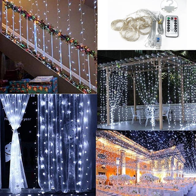 Xihbxyly Cortina de Luces Led de 300 Led, 8 Modos, Alimentada Por Usb, Resistente Al Agua, con Control Remoto y Temporizador, Ideal para Interiores y Exteriores, Fiestas, Bodas y Decoración Navideña.