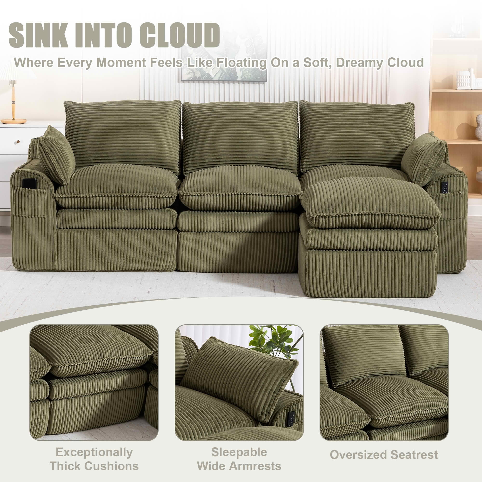 MAYEERTY Modular L Shape Corduroy Sectional Sofa, Compressed Boneless Cloud Couch with Footstool & Pillows for Small Living Space
