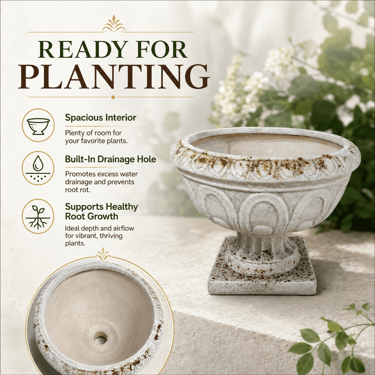 Aukfa Large MGO Garden Urn Planter, Outdoor Tall Decorative Stone-Look Flower Pot with Drainage Hole & Weather-Resistant, White