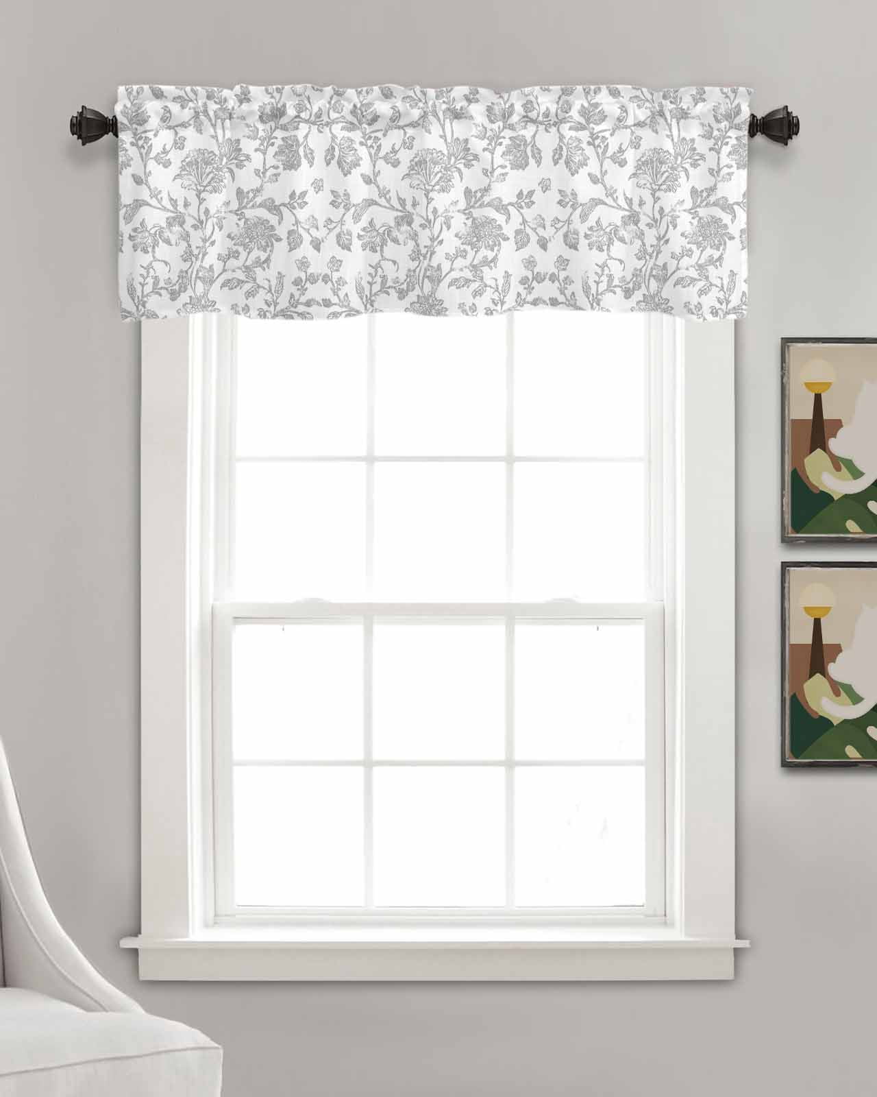 Boho Gray Flower Kitchen Valances for Windows Farmhouse Linen Window Valance Curtain for Living Room Window Treatment Vintage Farmhouse Leaf Spring Plant Valance Rod Pocket Topper Drape, 42 x 18 Inch