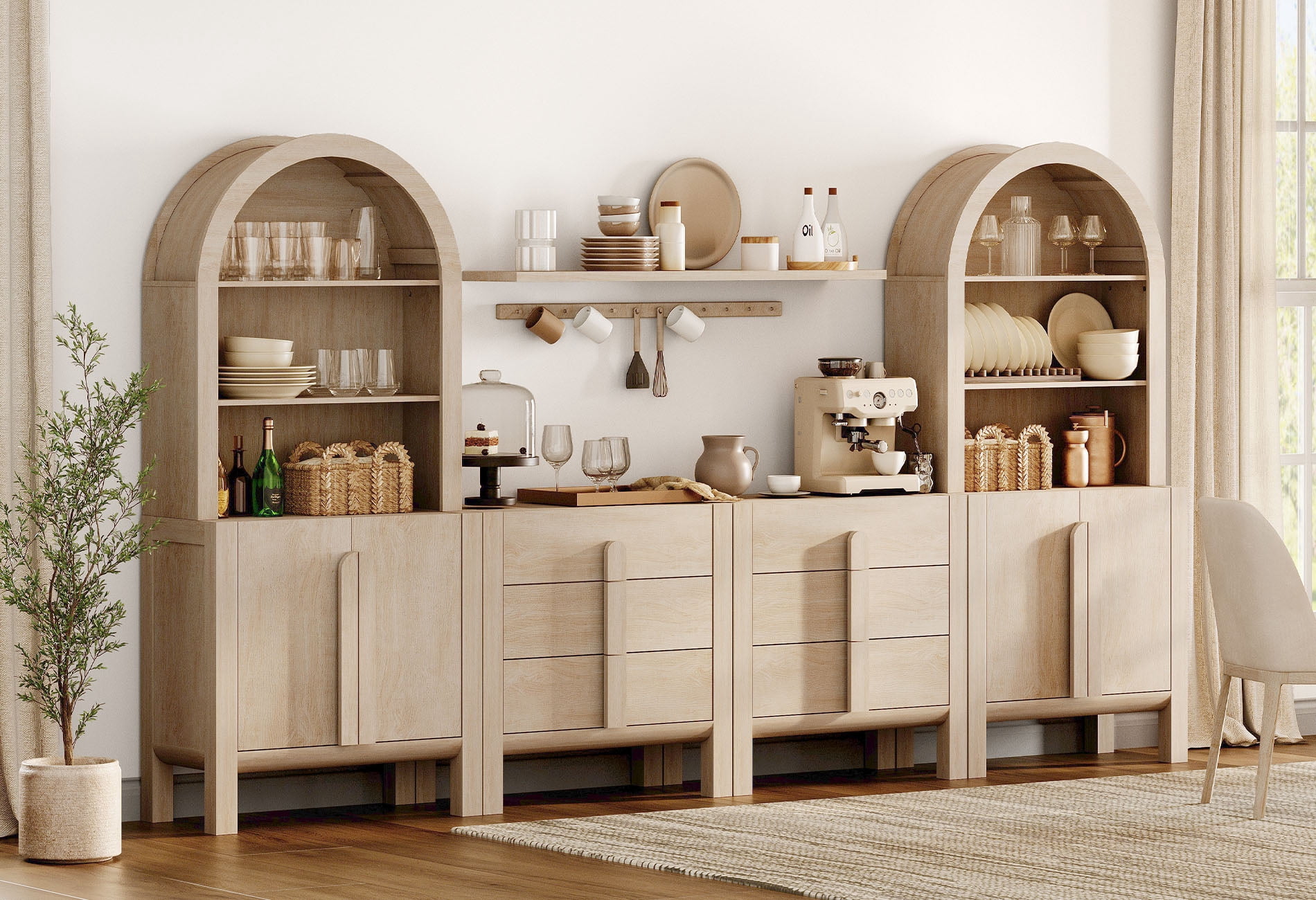 126"W Large Kitchen Hutch Sideboard Buffet Cabinet, Arched Pantry Storage Cabinet with 4 Wood Doors, 6 Drawers And 10 Tier Shelves