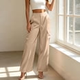 thumbnail image 4 of LEAVINGSUO Cargo Pants Women Satin Work Pants With Elastic Waistband And Button Flap Pockets Casual Trousers Beige M, 4 of 8