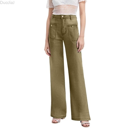 DuoJiaJ Women s New 2026 Loose Wide Leg Large Size Casual Washed Button Micro Horn Jeans Women s Casual Pants Women s Wide Leg Pants Green XS