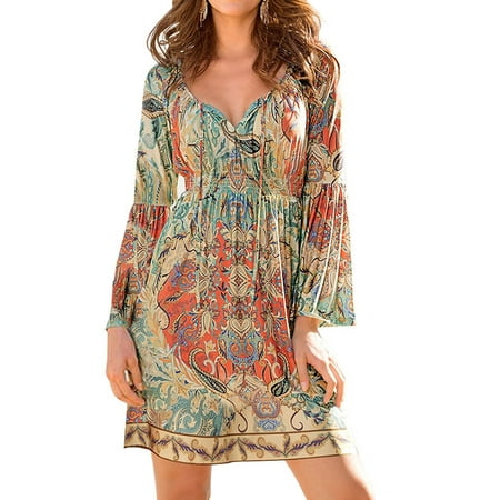 ZXZY Boho Style Women Dress Long Sleeve Beach Summer Dresses Floral Print Vintage Maxi Dress